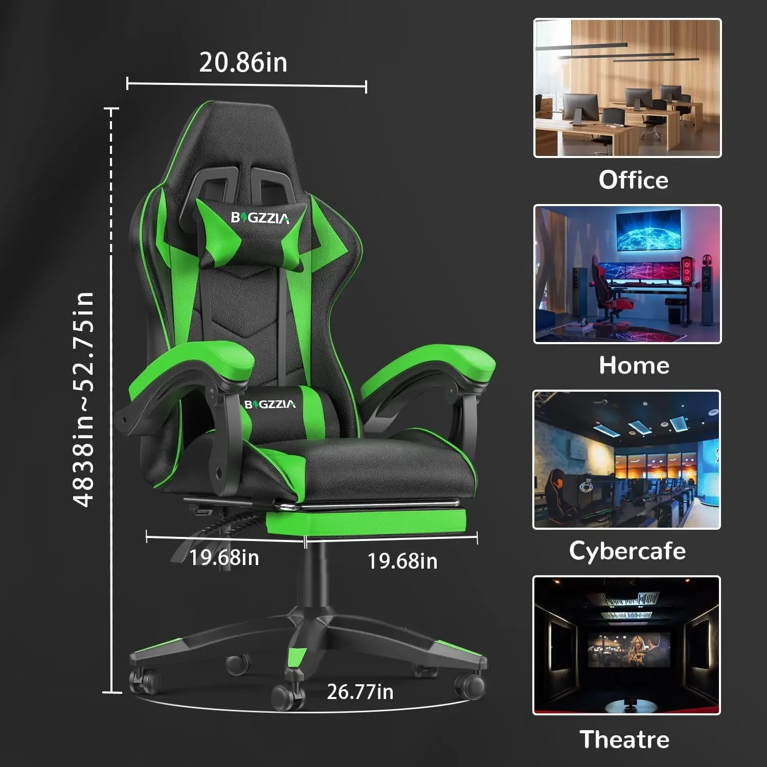 Bigzzia Gaming Chair with Footrest, Ergonomic Computer Game Chairs, Headrest and Lumbar Support, Adjustable Height, Reclining,