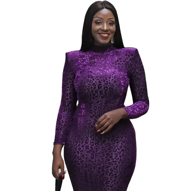 Purple African Dresses for Women Summer Africa Long Sleeve O-neck Print Party Evening Midi Bodycon Dress Outfits Africa Clothing