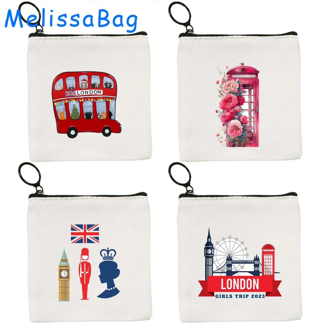 London England Bus Big Ben British Cute Gifts United Kingdom UK Love Heart Flag Canvas Coin Purse Key Card Case Bag Zipper Pouch