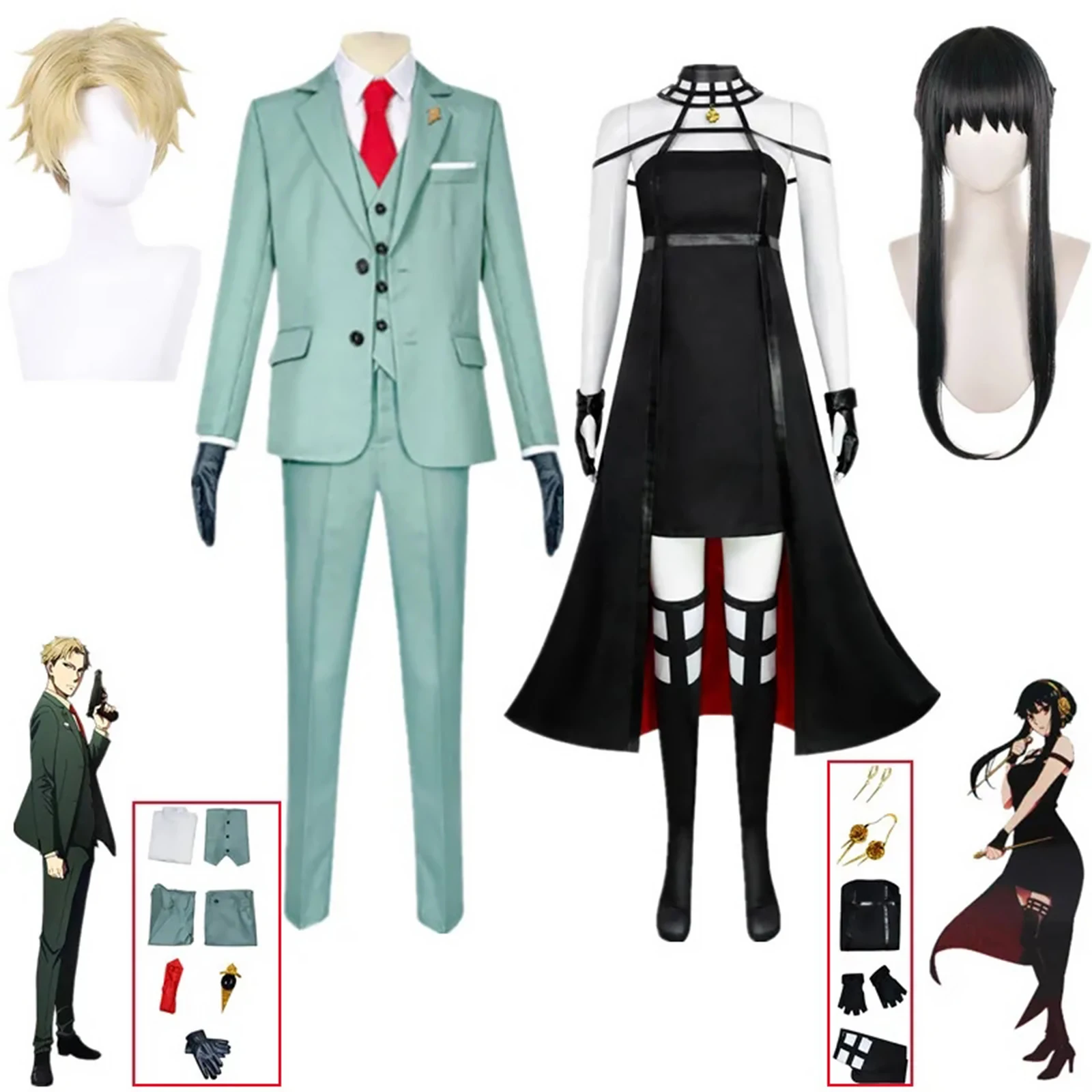 

SPY×FAMILY Yor Forger and Loid Forger cosplay costume,black sexy skirt,green handsome suit,for Halloween Carnival parties