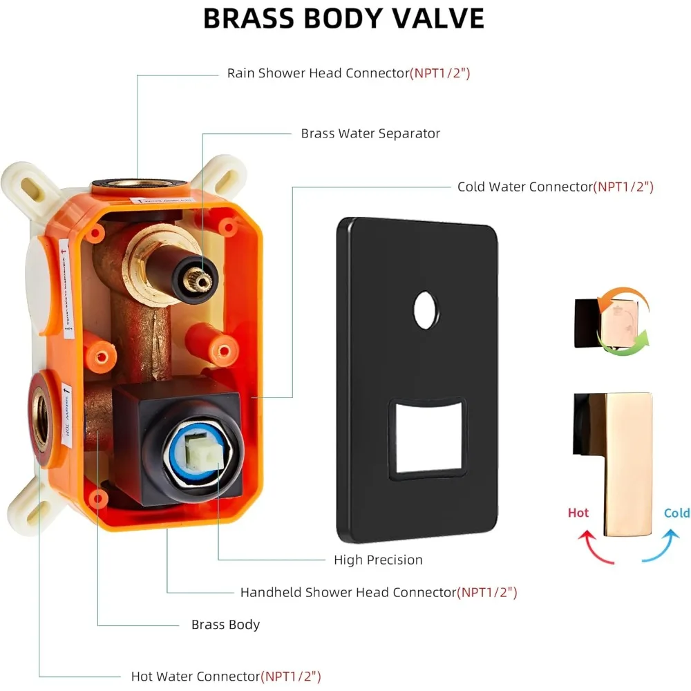 Matte Black and Rose Gold Shower System with 12 Inch Square Rainfall Showerhead, Complete Wall Mounted Set for Modern Bathroom U