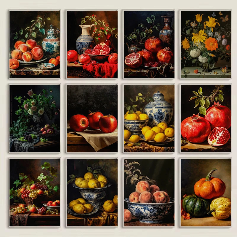Vintage Fruit Flowers Pomegranate Lemon Tulip Posters Prints Still Life Canvas Painting Wall Art Room Kitchen Home Decor