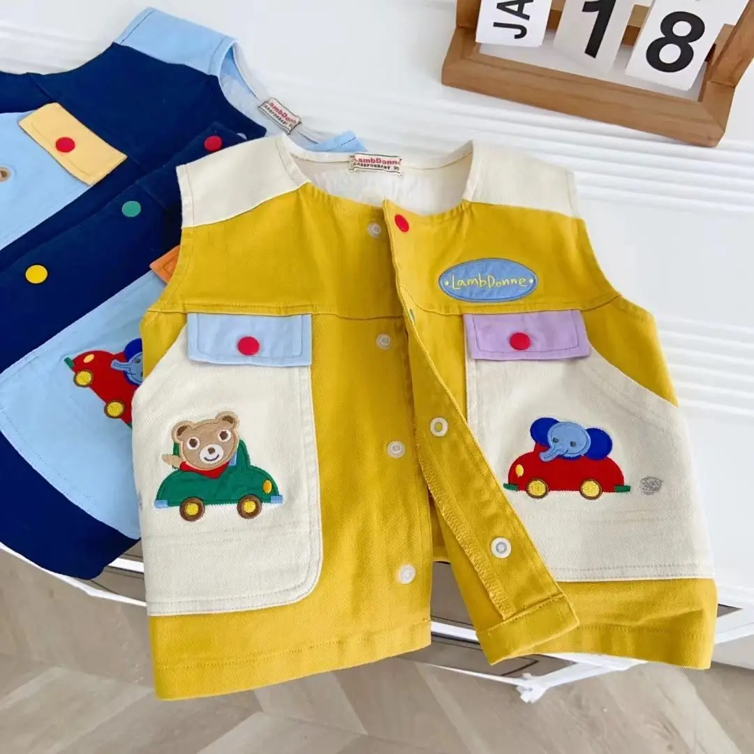 Spring Autumn Children Patchwork Vest 1-8Y Boys Cotton Pockets Casual Waistcoats Kids Girls Tank Tops Korean Toddler Outerwear
