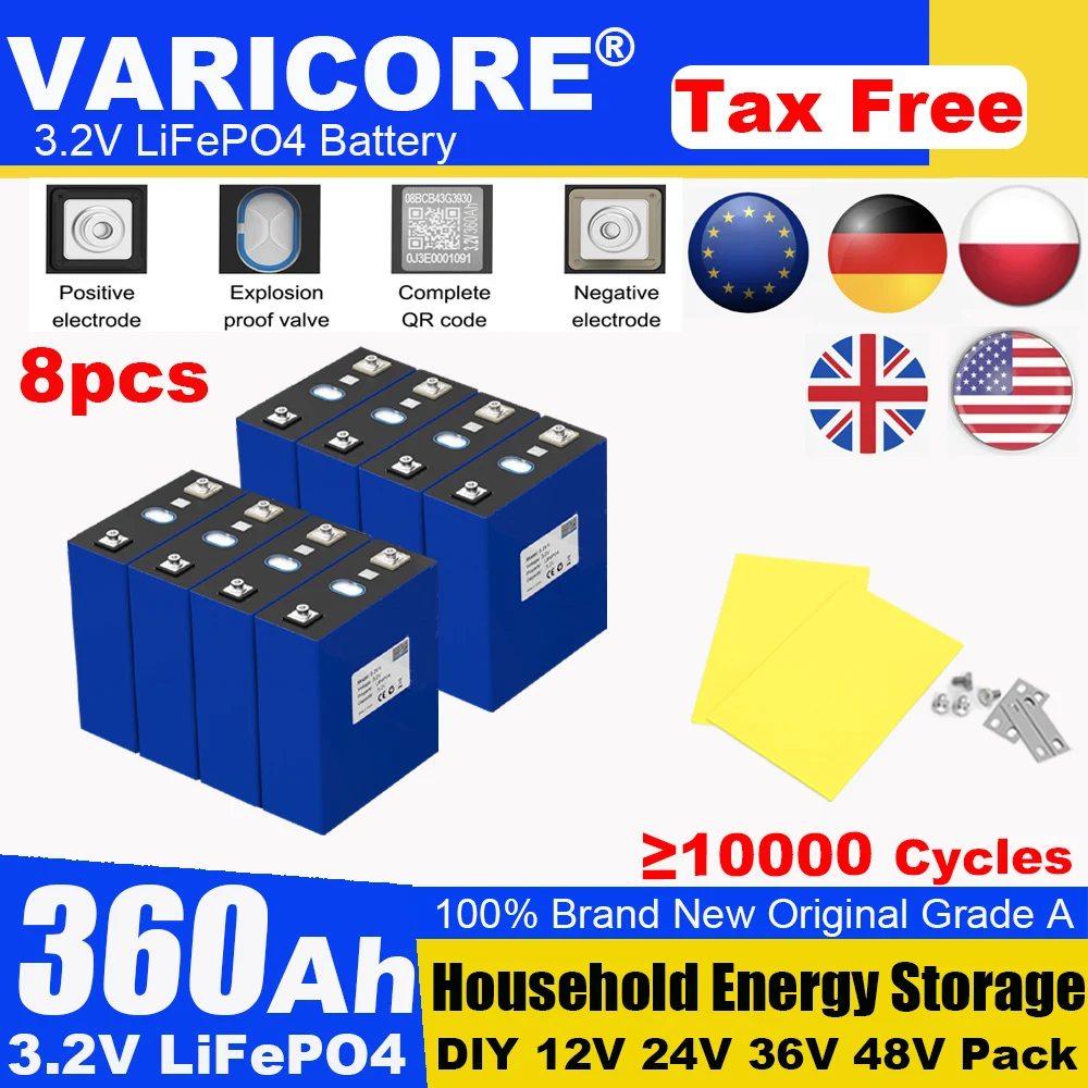 

8x 3.2V 360Ah LiFePO4 Battery pack Lithium Iron Phosphate for 12v 24v 36V 48V Travel Solar Campers Golf Cart Yacht Tax Free