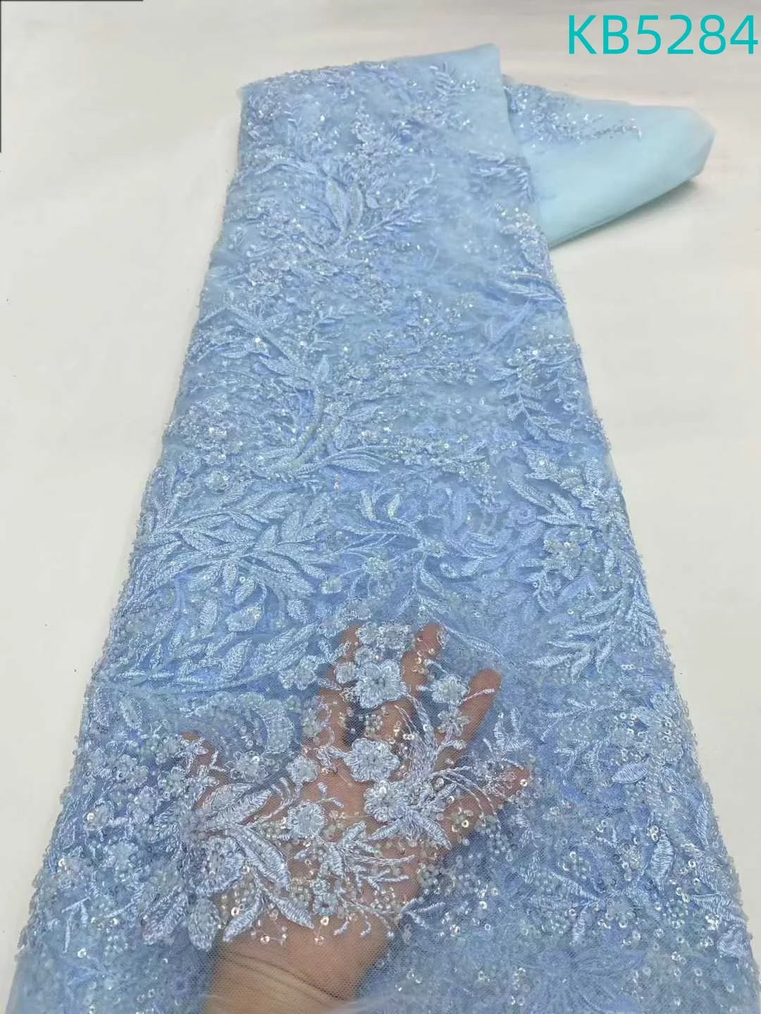 

African Lace Fabric 5 Yards High Quality 2025 Sky Blue Beaded French Mesh Lace Royal Blue Sequins Tulle Lace For Sewing KB5284