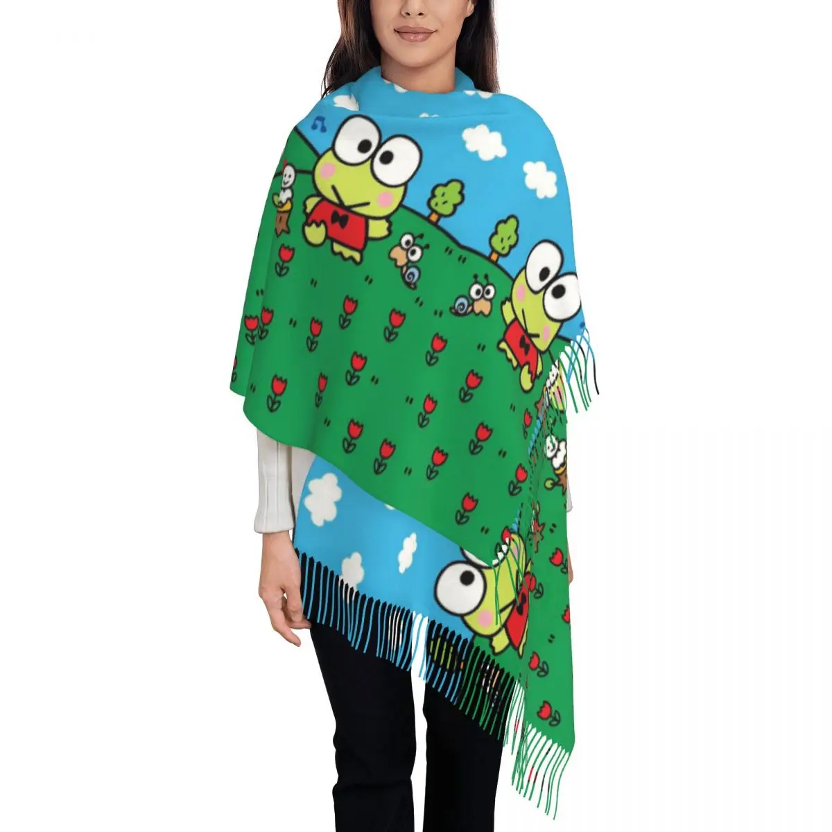 Custom Kerokero Keroppi Tassel Scarf Women Winter Warm Shawls Wraps Ladies Scarves