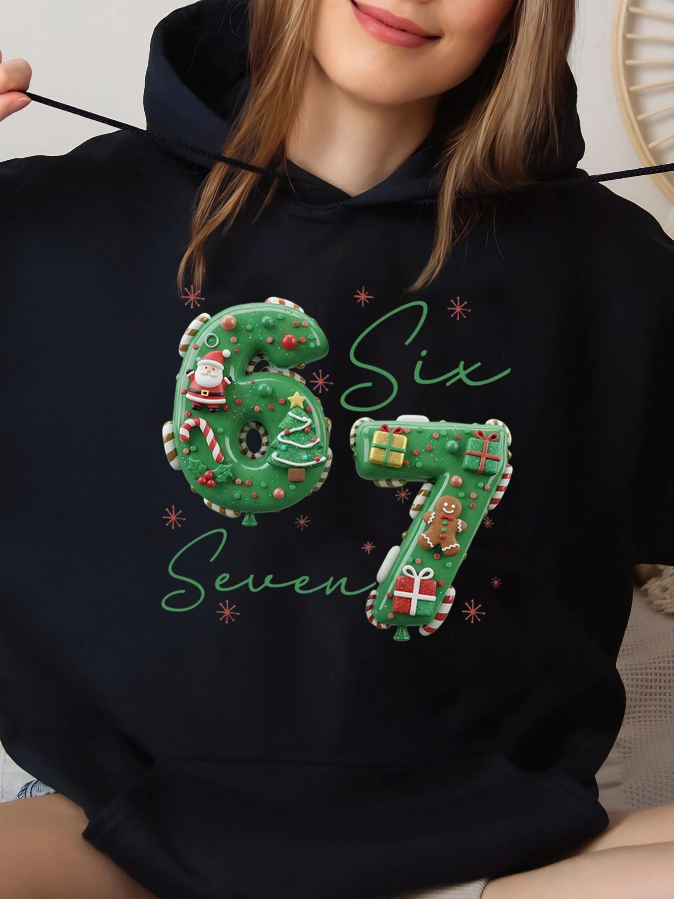 

Рождественское печенье с цифрами шесть семи, толстовка с принтом, праздничная повседневная одежда, черный, большой размер
