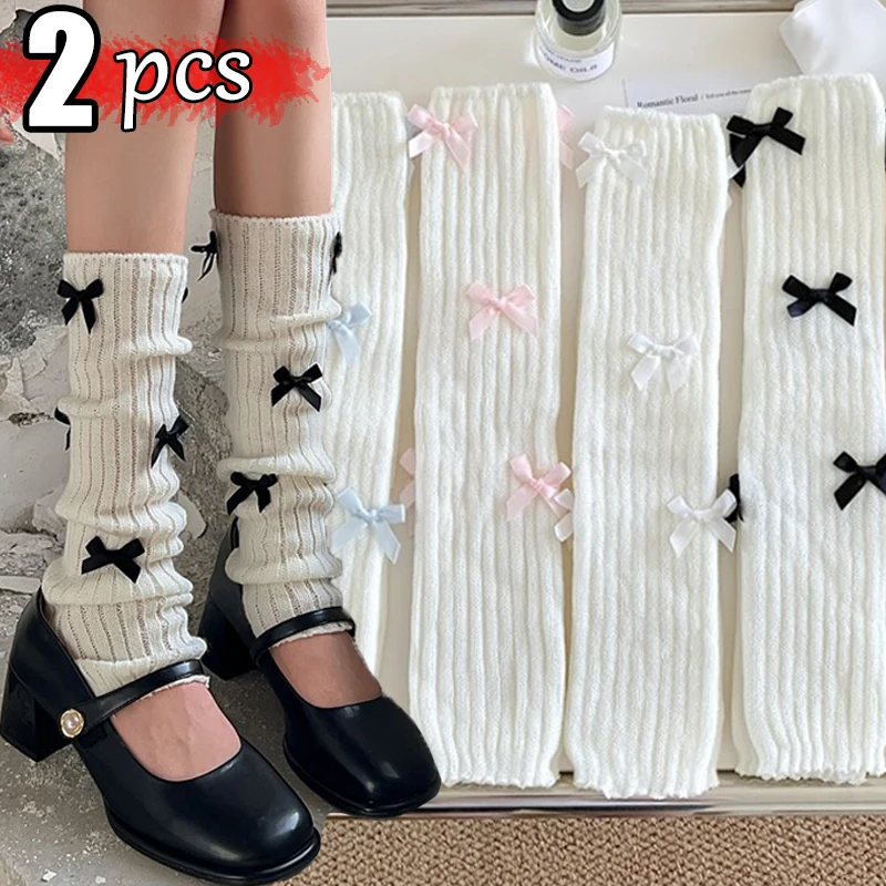 Y2k Bow Knitted Legging Women Girls Punk Lolita Leg Warmer Cover Autumn Winter Lovely Black White Boot Cuffs Korean Long Socks