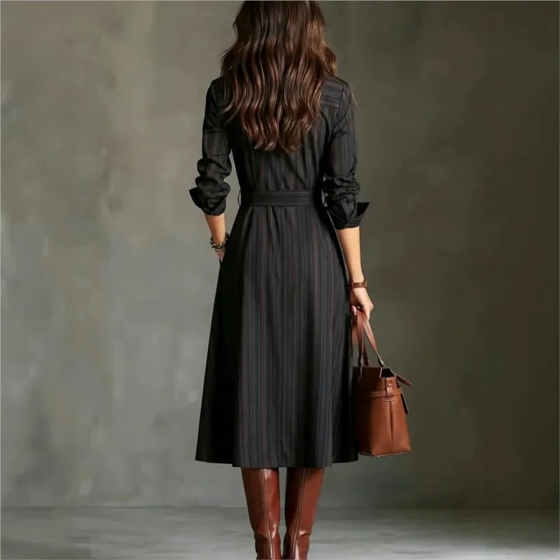 Women Striped Shirt Midi Dress Autumn Lapel Collar Long Sleeve Button Front Waist Belted Split Hem Elegant Ladies Casual Dress