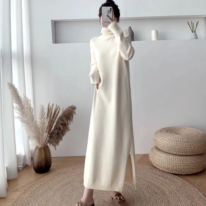 Autumn Winter Turtleneck Knitted Dress Women Elegant Side Slit Chic Long Sleeve Ankle Dress Fashion Korean Solid Casual Dresses