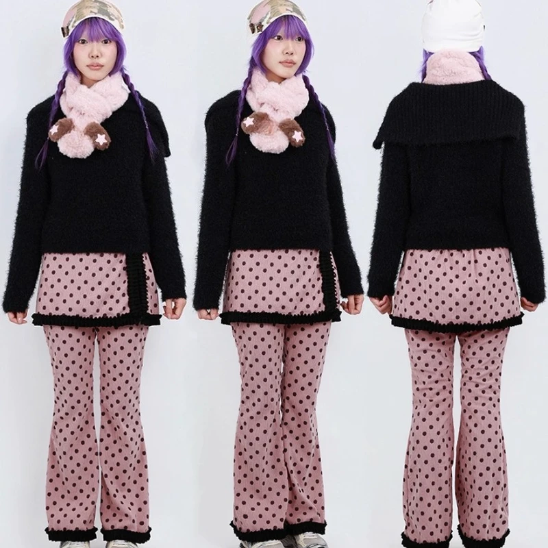 Autumn Winter New Pink Y2K Cute Polka Dot Fake Two-Piece Women's Curtain Pants Retro Design Black Lace Trim Splicing Pants Girl
