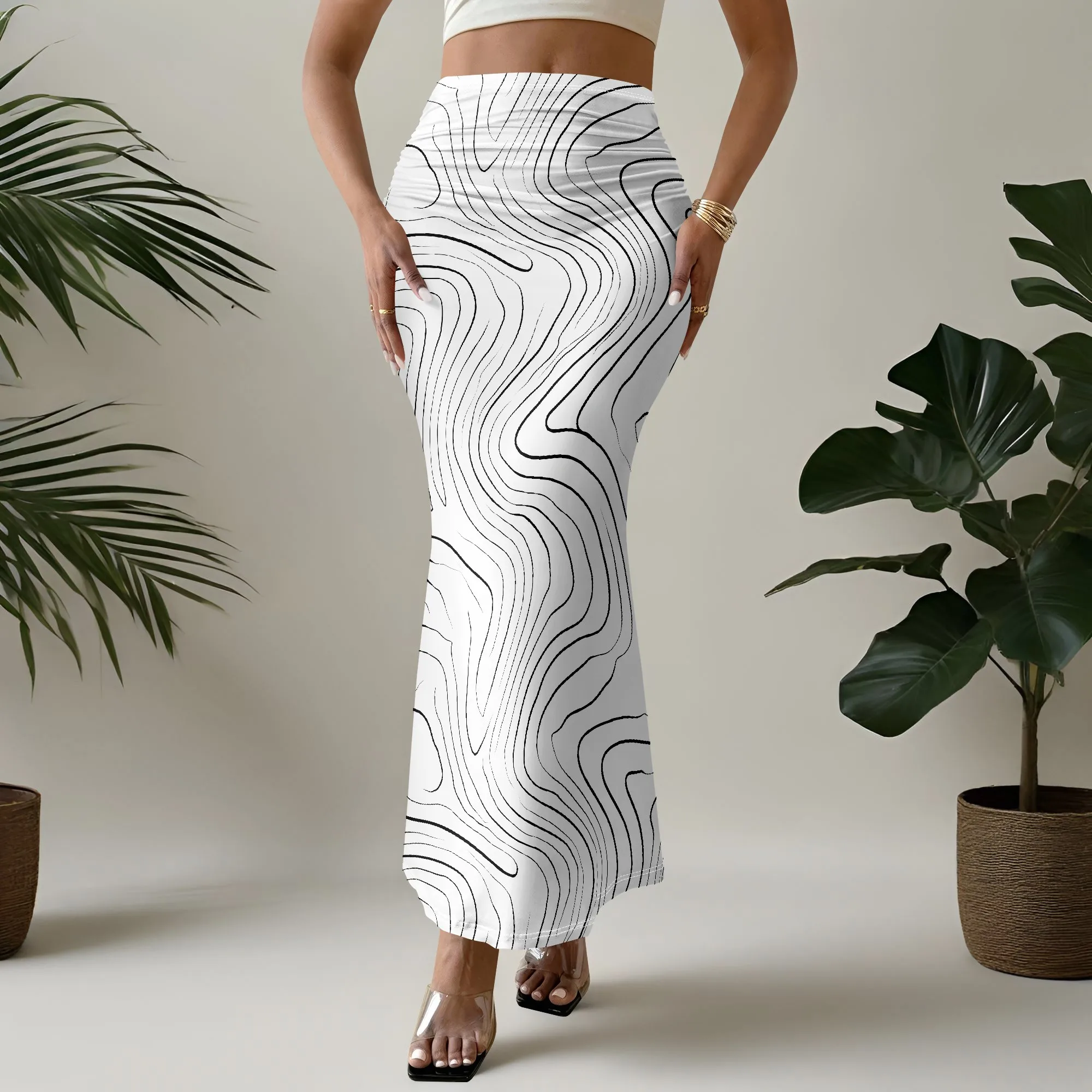 Wavy Print Mermaid Skirt, Abstract Line Pattern Maxi Skirt, High Waist Bodycon Skirt for Women, Party Beach Wear S-3XL