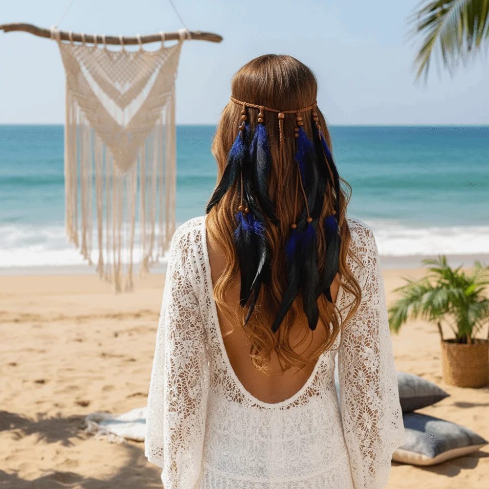 Cascading Tassels Long Feather Headpiece Intricate Beadwork Hand-tied Plumage Bohemian Tassel Headband Flowing Aesthetic