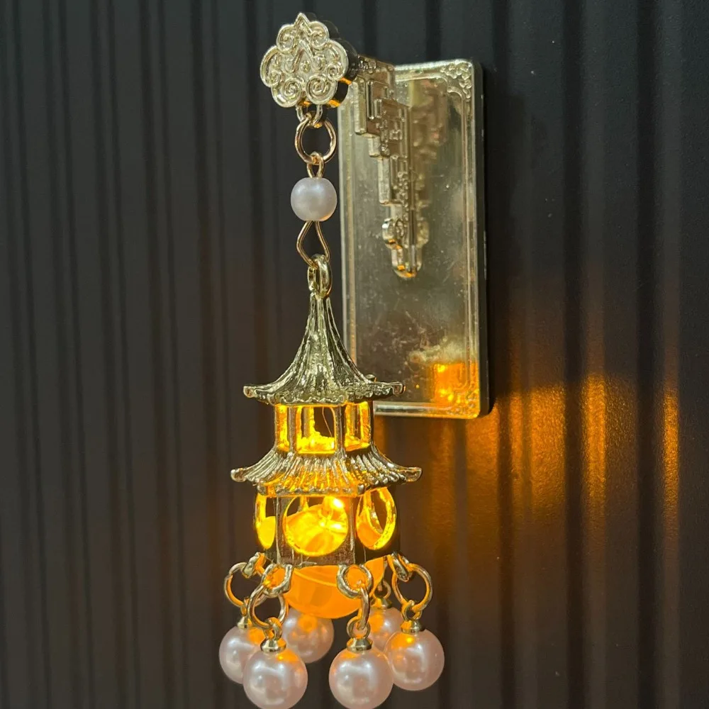 3D Glowing Lantern Fridge Magnet Openwork Design LED Light Chinese Architecture Fridge Magnet with Faux Pearls Metal
