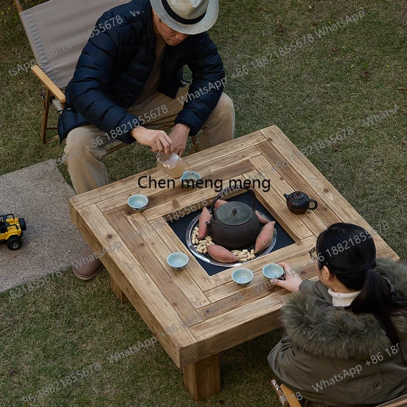 Solid wood square small tea table balcony home heating fire low table retro log wind
