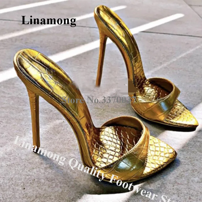 Sexy Snake Leather Slippers Linamong Summer Pointed Open Toe Gold Silver Pattern Leather Stiletto Heel Sandals Dress Heels