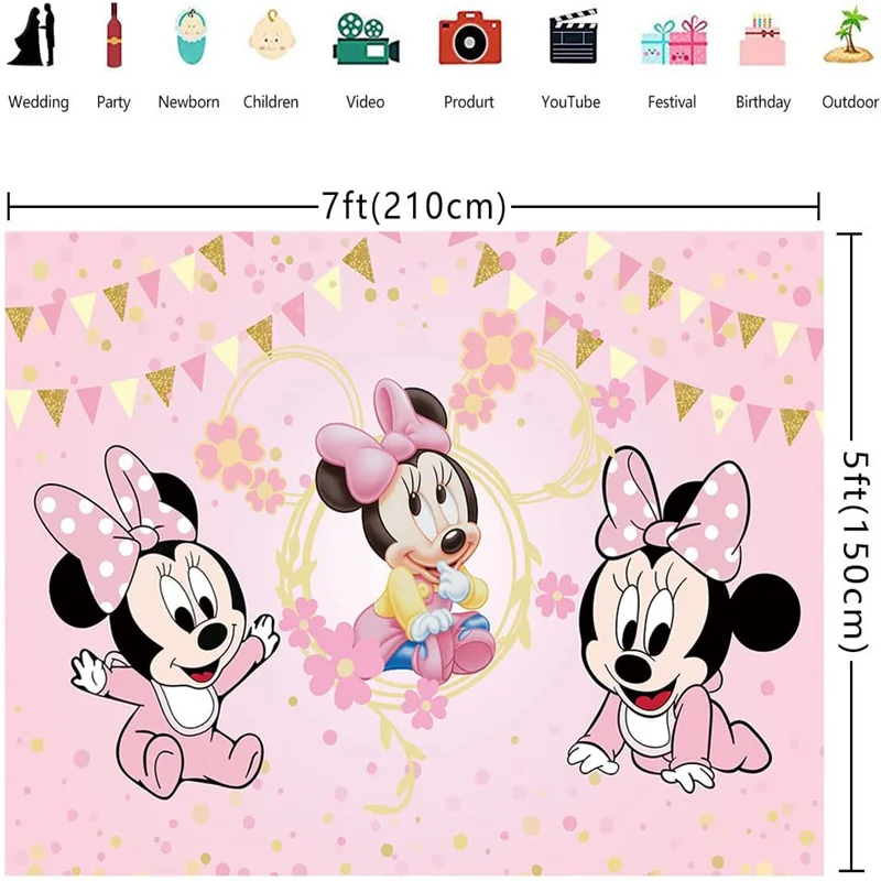 Disney Lovely Pink Minnie Mouse Theme Party Backdrop Cartoon Decoration Girls Birthday Party Pink Glitter Photography Background