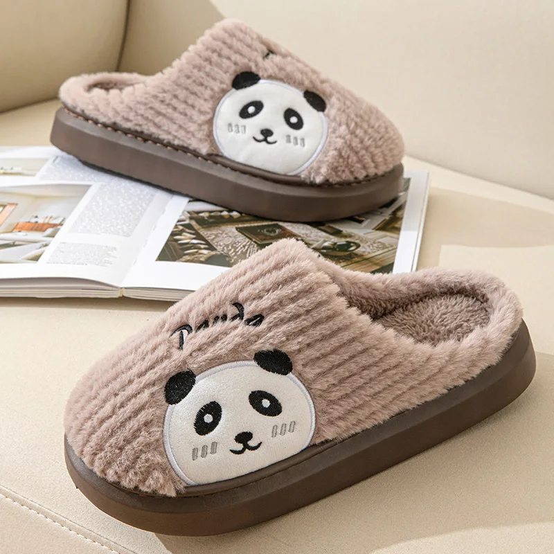 Cute Cartoon Panda Couple Cotton Slippers Women 2024 Winter Warm Plush Thick Bottom House Shoes Woman Non Slip Indoor Slides