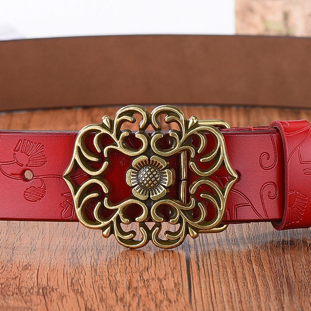 

Women Belt Vintage Debossed Flower Alloy Buckle Stylish Comfortable Belt For Jeans Casual Business