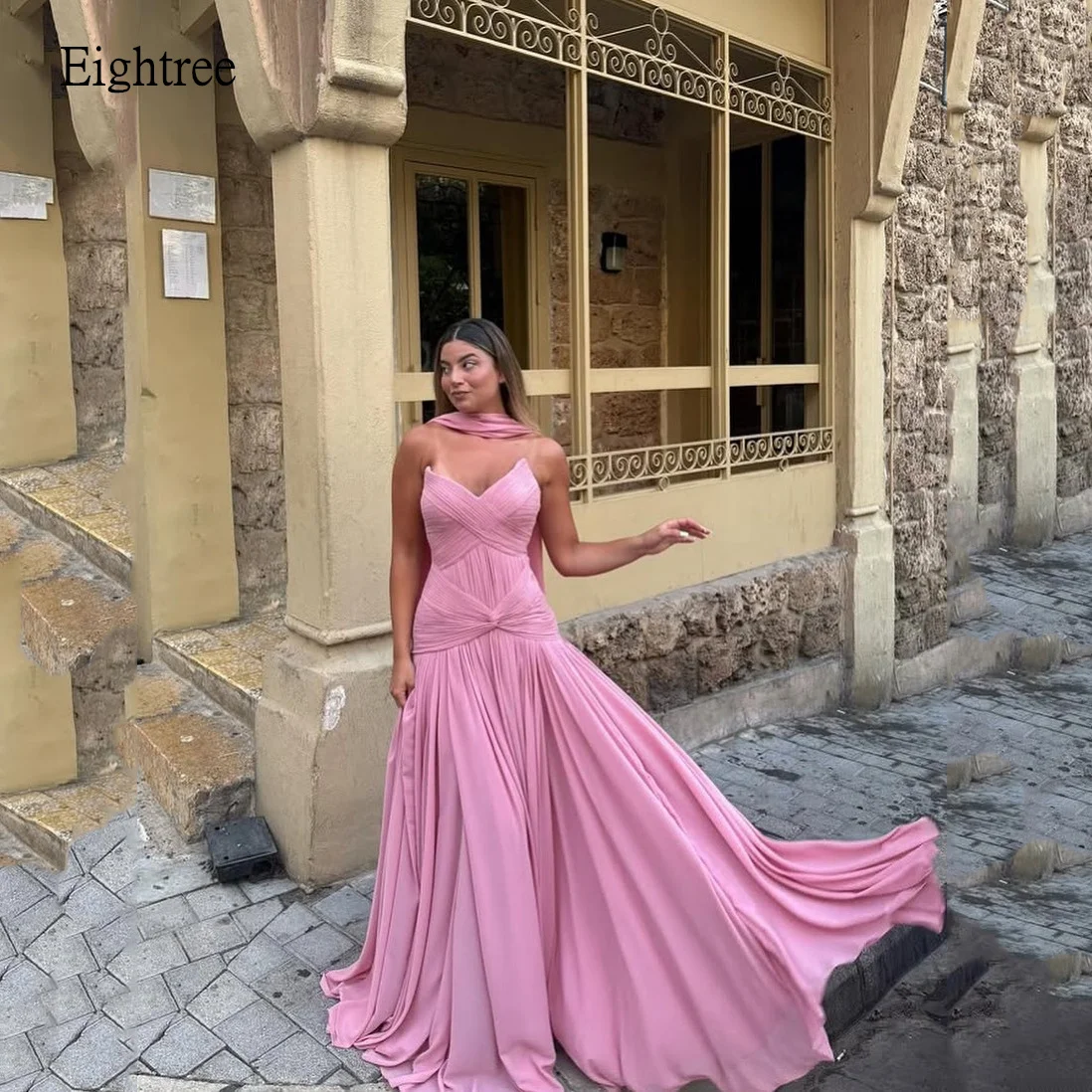 

Eightree современное розовое трапециевидное платье для выпускного вечера без бретелек плиссированное вечернее платье длиной до пола вечернее платье Vestidos de gala по индивидуальному заказу