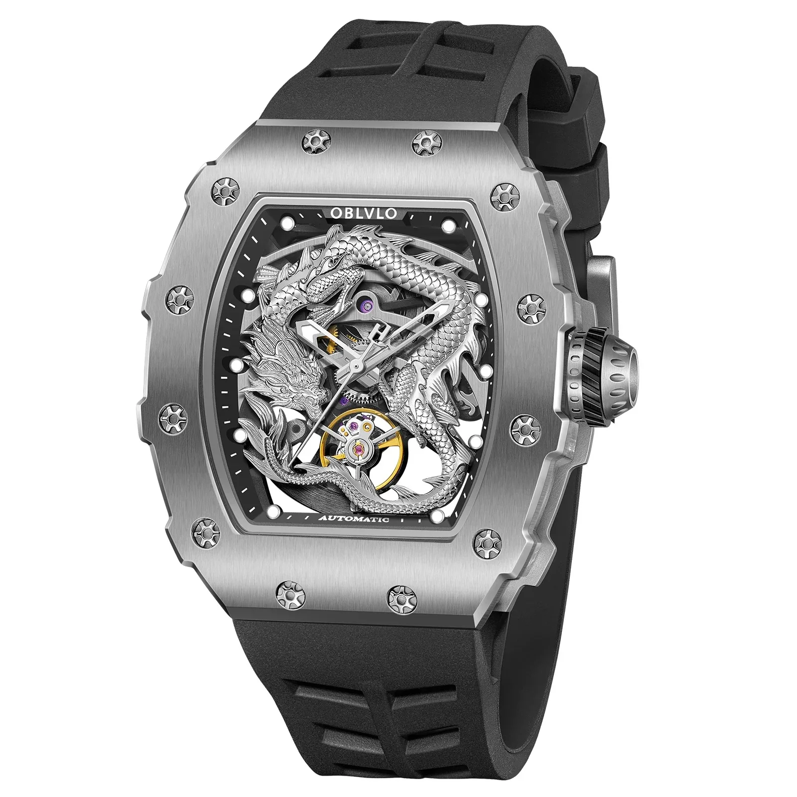 OBLVLO Men Automatic Watch 49MM Tonneau Mechanical Wristwatch Skeleton Dragon Dial Sapphire 50M Waterproof Luminous