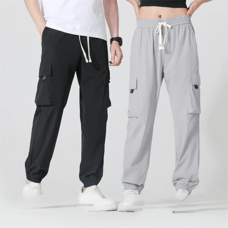 2024 Summer New Couple Casual Pants for Men and Women The Same Ice Silk Elastic Hanging Casual Breathable Bunched Feet Overalls