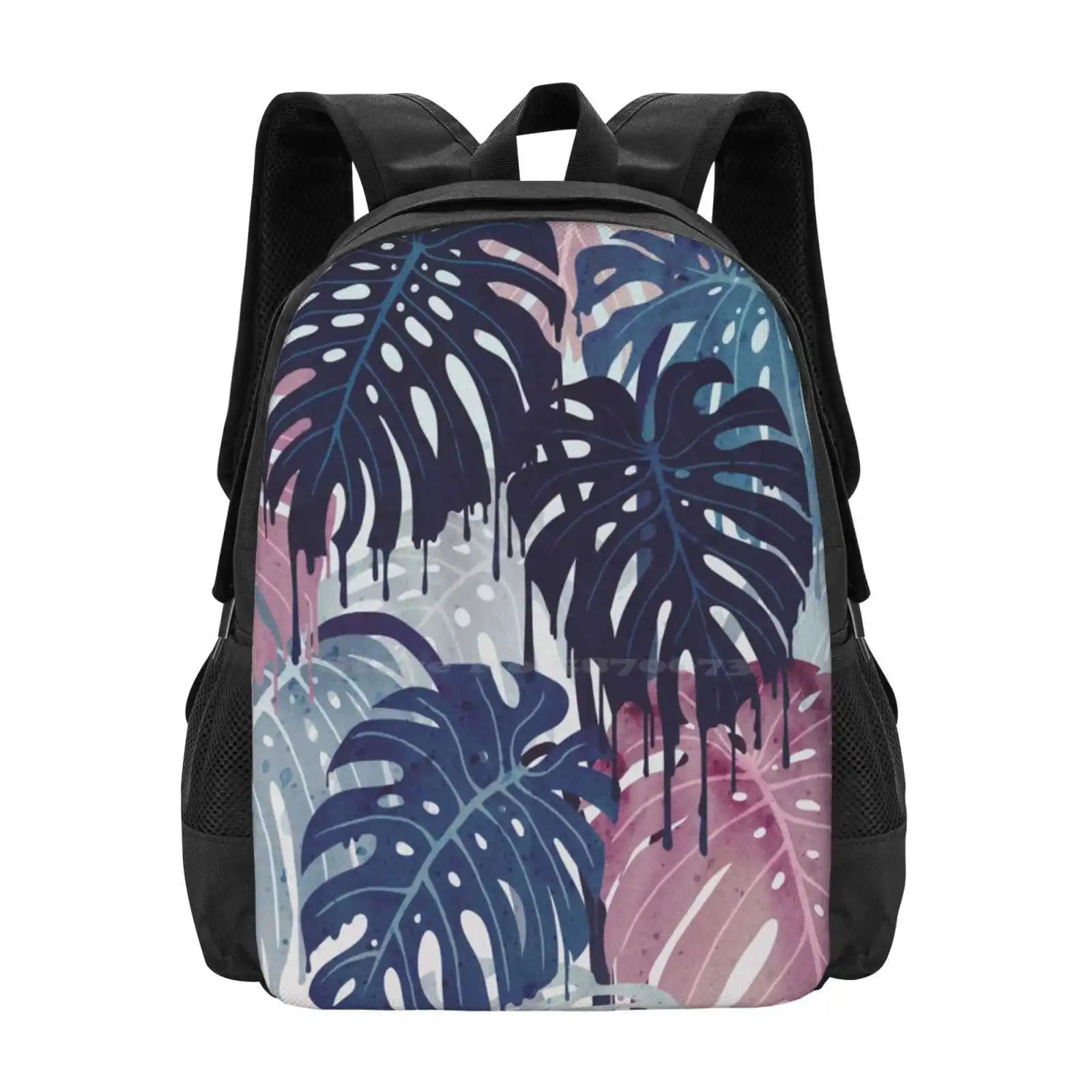 Monstera Melt 3D Print Design Backpack Student Bag Monstera Tropic Leaves Plants Aloha Melt Surreal Blue Pink Summer Wet Drops