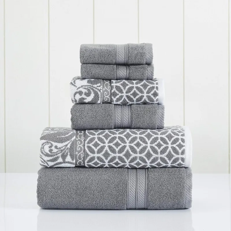 Modern hreads Trefoil Filigree 6Piece Reversible Yarn Dyed Jacquard Towel Set Bath Towels Hand Towels Washcloths Super Absorbent