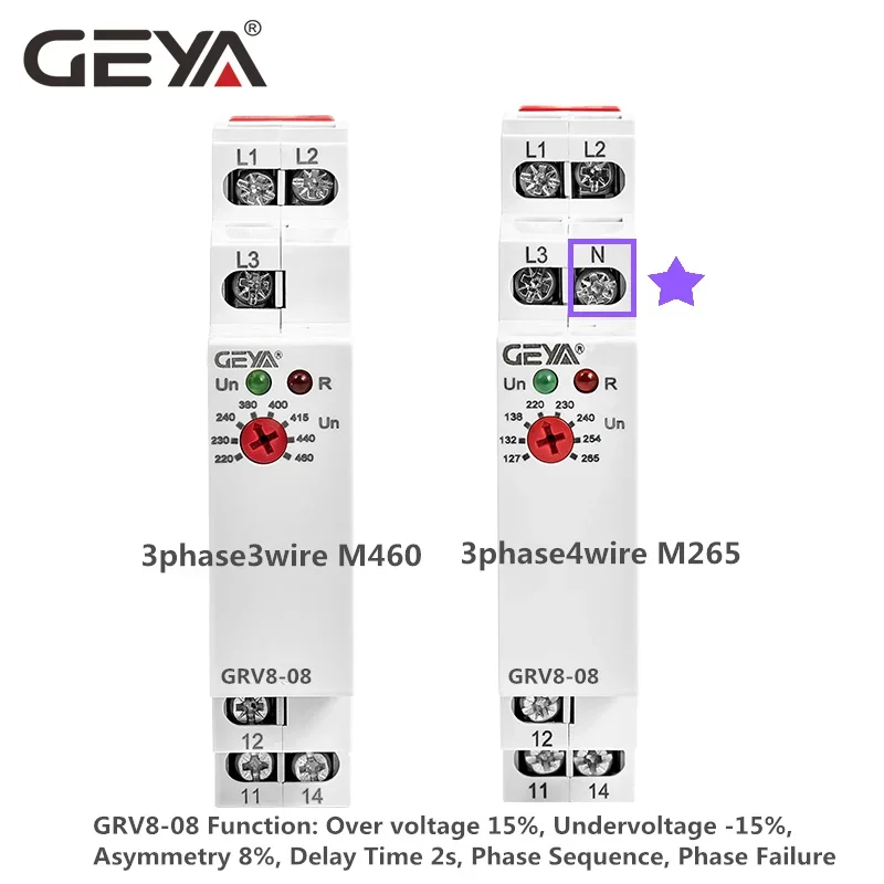 GEYA GRV8-04 05 06 08 Three Phase Voltage Control Relay Phase Sequence Phase Failure Over Voltage Undervoltage Protection