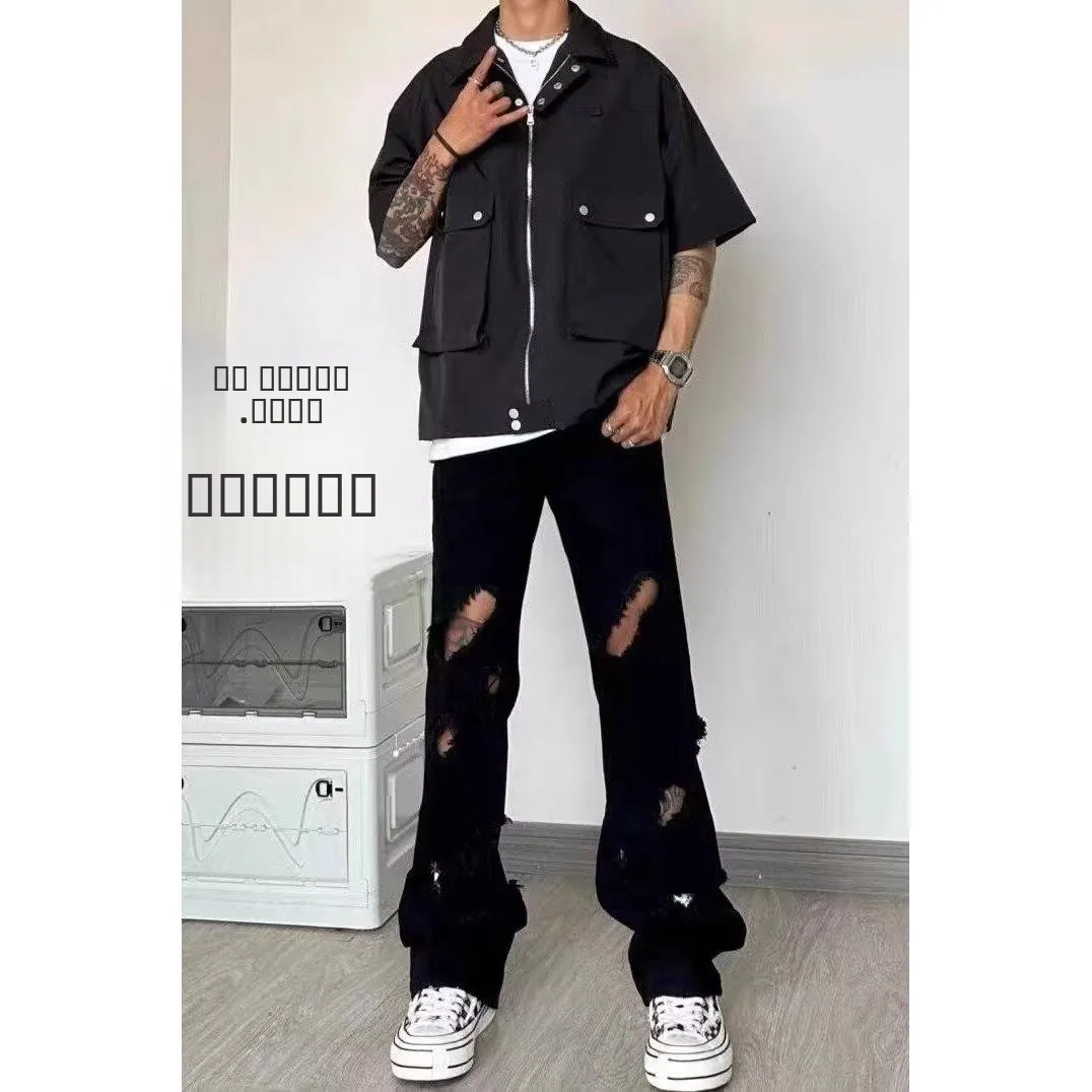 

Мужские джинсы свободного прямого кроя в американском стиле High Street, черные, с микро-клешем и прорезями, из денима, в стиле хип-хоп, длинные брюки, молодежная мода