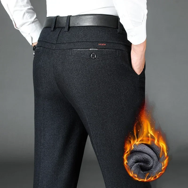 New Winter Men's Business Fleece Warm Straight Casual Pants Classic Style Anti-wrinkle No Ironing Thickened Trousers Male Brand
