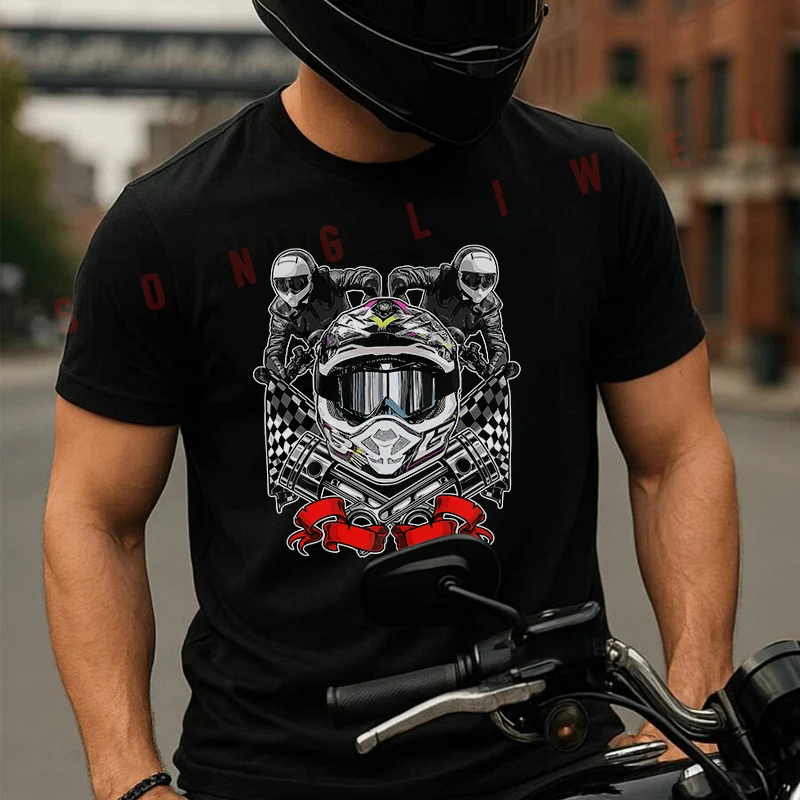 

Supermoto Helmet And Rider Men's Cotton T-shirt Summer Short Sleeved Casual Round Neck Unisex Tops