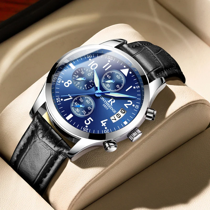 

Men's Chronograph Analog Quartz Watch with Date Luminous Hands Waterproof Luxury Leather Strap Wristswatch for Man Reloj Hombre
