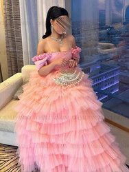 Pink Cake Formal Occasion Dresses 2023 Tiered  A-line Tulle Party Dress Off-Shoulder Long Elegant Evening Gowns فساتين حفلات