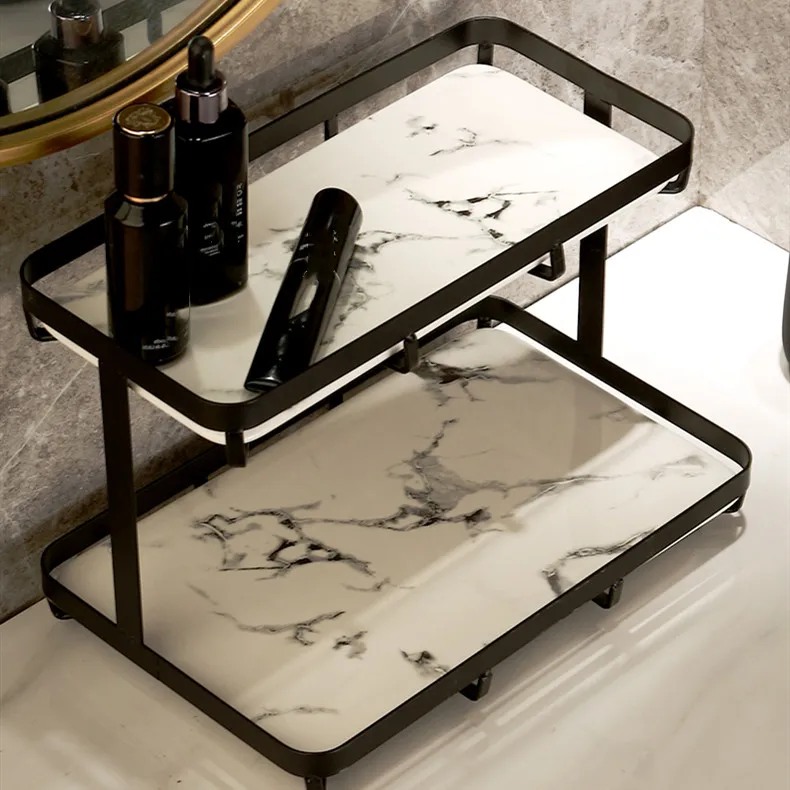 Bathroom Double Layer Metal Ceramics Rack Marble Desktop Storage Tray Basin Cosmetic Rectangular Organize