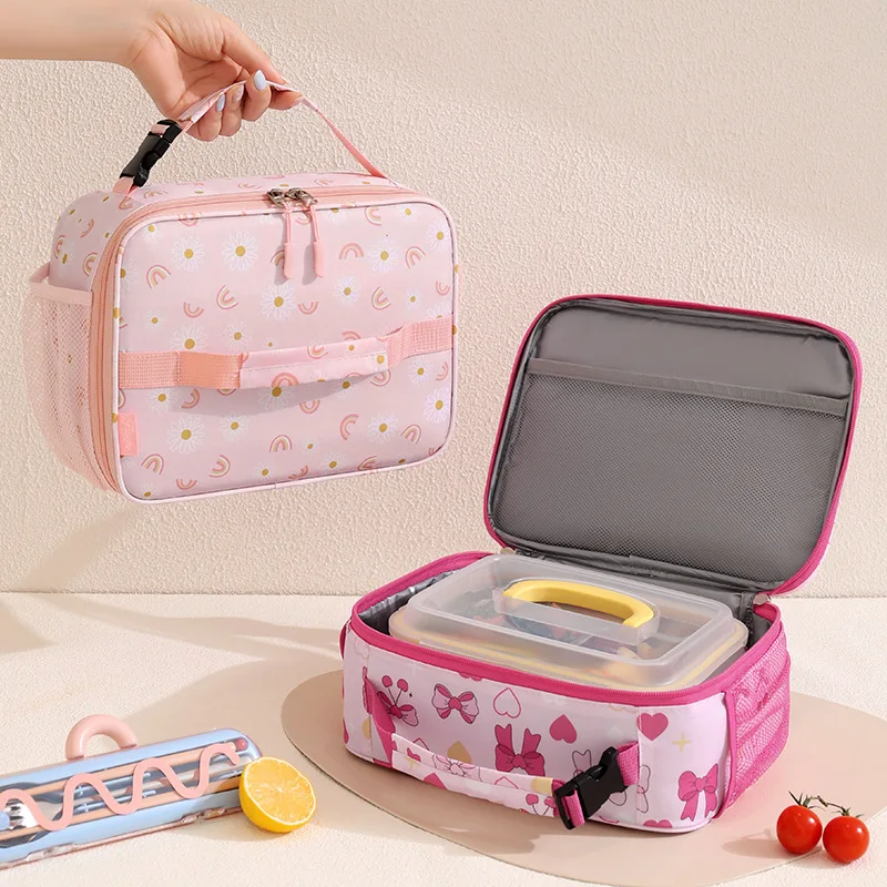 Cartoon Insulated Lunch Bag Cute Floral Printed Food Handbags Portable Thermal Lunch Bag Fresh-Keeping Bag Tote for Studen