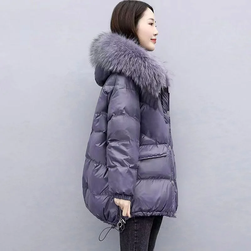 Down Cotton Jacket 2024 New Women's Mid Length Korean Version Loose Fitting Thick Jacket Large Woolen Collar Winter Hooded Outfi