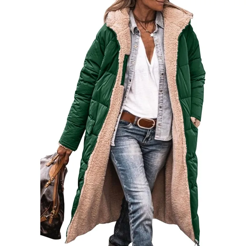 Abrigo Reversible con capucha para mujer, Chaqueta larga con forro polar Sherpa, abrigo cálido para invierno, 2023