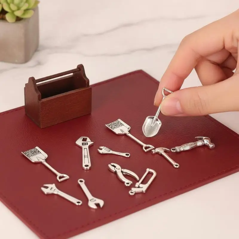 Dollhouse Miniature Tool Set Metal Hammer Pliers Wrench Kit With Wooden Tool Box For Micro Scene Model DIY Decoration Accessory
