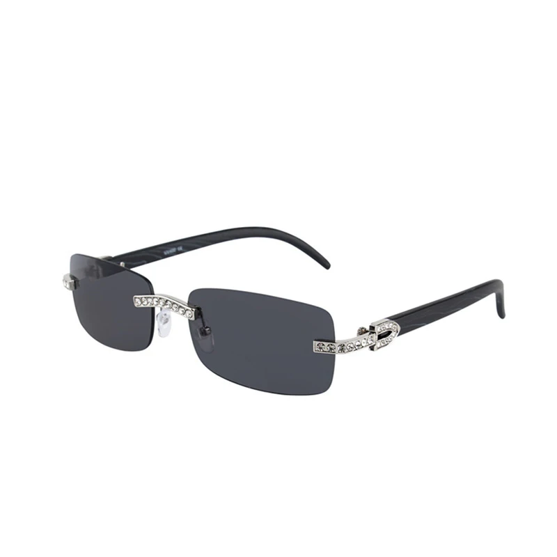 KENBO 2024 Vintage Randlose Rechteck Sonnenbrille für Frauen Männer Luxus Sonnenbrille Mode Kristall Holz Brillen Shades UV400