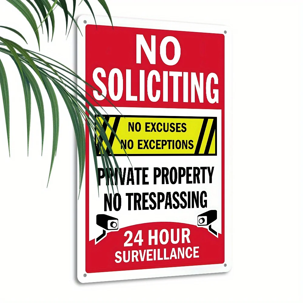 2D Flat, Vintage Metal Sign,No Soliciting No Excuses Sign, 24 Hour Surveillance Warning Plate for Porch, Entryway, Fence, Wall