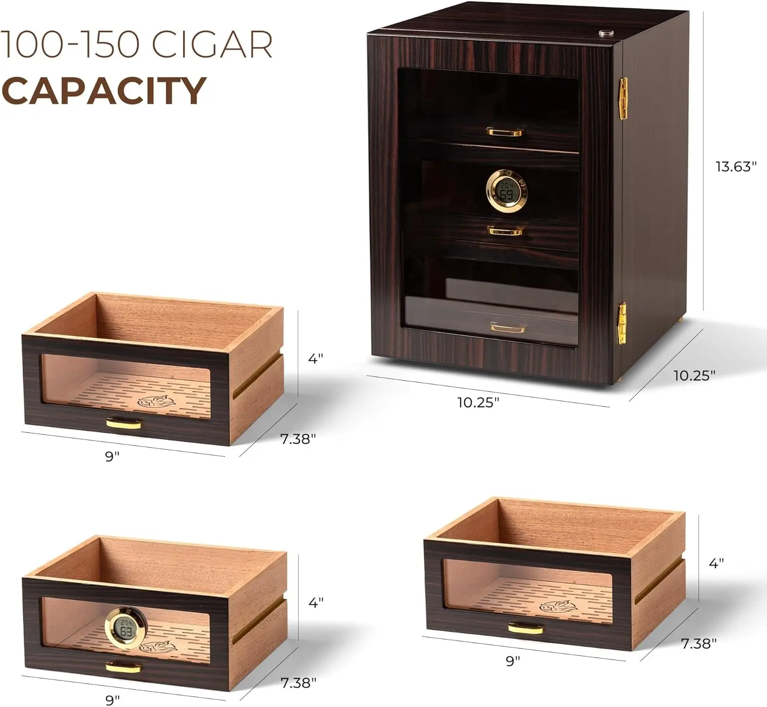 男性用デスクトップシガーヒュミドールキャビネット、LED照明付きで150本収納可能、スペイン杉製引き出しとデジタル湿度計付き