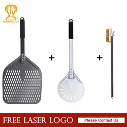 SHANGPEIXUAN 14/13/12 Inch Perforated Pizza Peel and Turning Pizza Shovel Aluminum Alloy Oven Cleaning Brush Short Pizza Tool