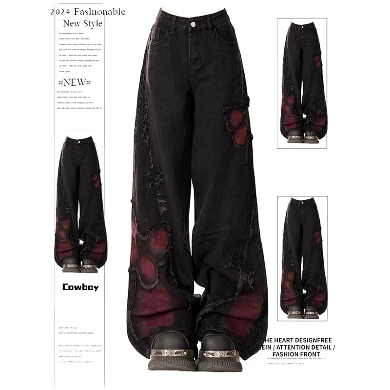 ZHIZOU Jeans larghi a farfalla da donna Pantaloni estetici vintage anni '90 Pantaloni in denim oversize Harajuku Y2k anni 2000 Abiti gotici neri