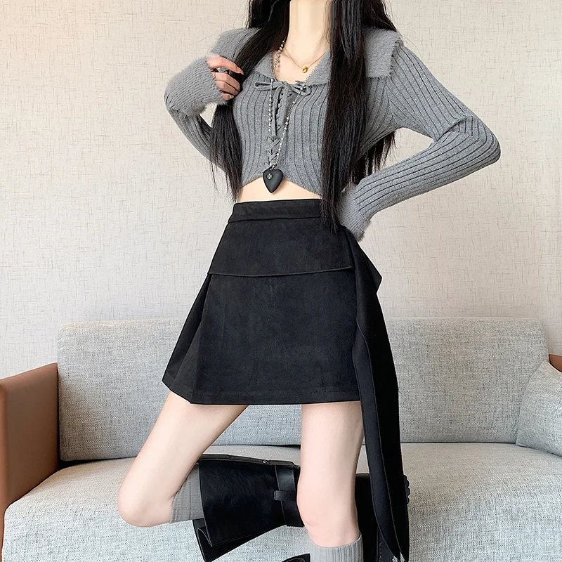   Outono inverno veludo irregular feminino a linha envoltório saias curtas 2025 nova cintura alta arco coreano sexy mini saias femininas