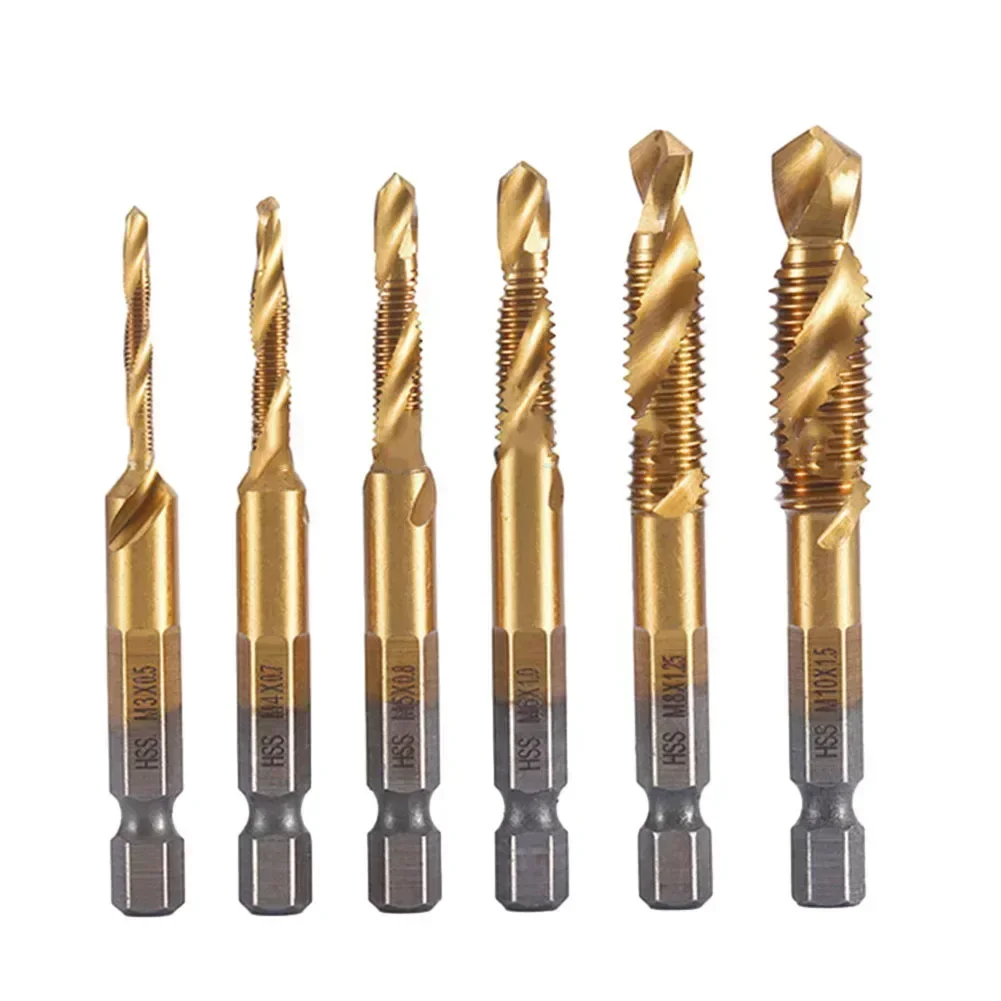 1PC Hex Shank HSS Screw Thread Tap Drill Bits Titanium Plated Screw Machine Compound Tap M5 M6 M8 M10 Hand Tools