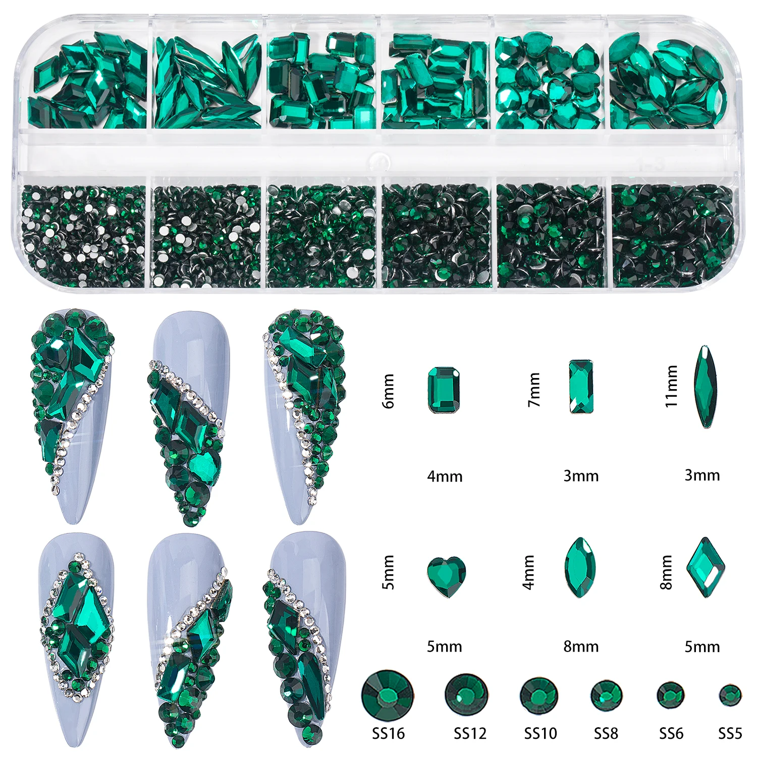 3D Nail Art Rhinestones 12Gird Box  Multi Color AB Mixed Size DIY Flatback Crystal Gems 3D Glitter  Luxurious Nail Decorations