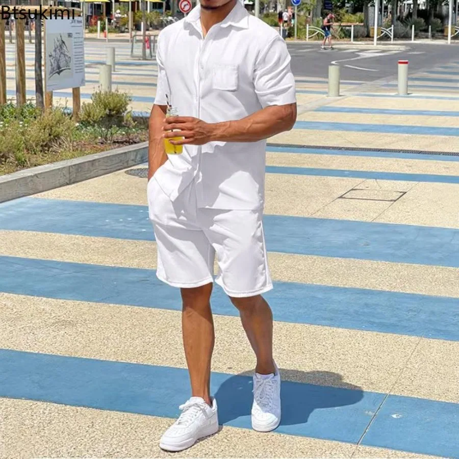 

2024 Summer Breathable Linen Casual Sets Men's Solid Color Short-sleeved Loose Thin Shirt and Shorts Two-pieces Men Sport Outfit