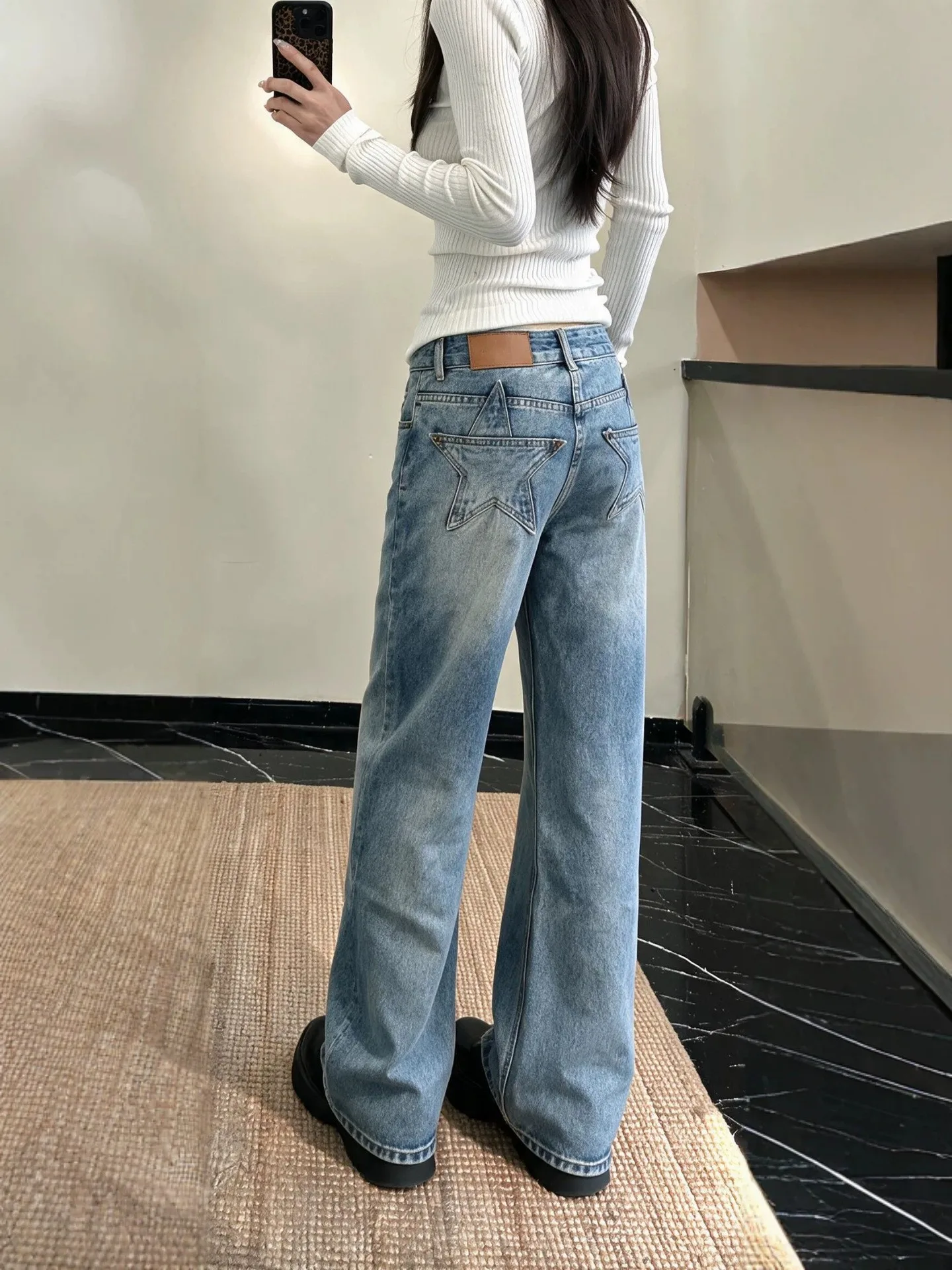 Loose Fit Vintage Low Waist Straight Leg Denim Jeans Women's Casual Washed Star Pocket Long Trousers Autumn New Style