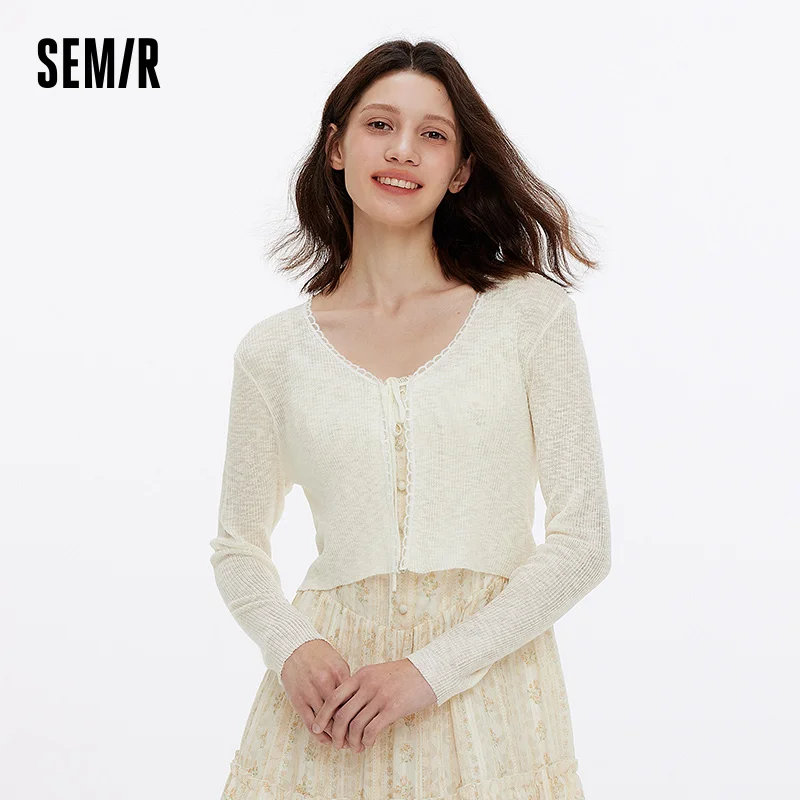 

Semir Knitted Cardigan Women Short Length Lace V-Neck Elegant Summer 2025 New Gentle Bow Slim Top Women'S Wear Casual Fashion